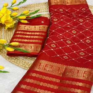 Red Dola Silk Saree with Blossoming Grid Pattern and Zari Trim