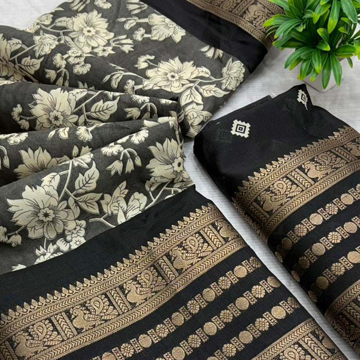 Luxurious Grey Floral Print Dola Silk Saree With Intricate Peacock Motif Zari Woven Border