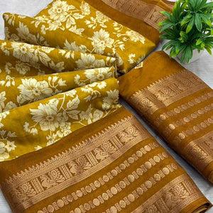 Luxurious Mustard Floral Print Dola Silk Saree With Intricate Peacock Motif Zari Woven Border