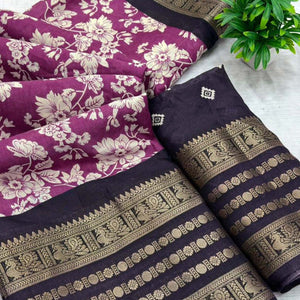 Luxurious Wine Floral Print Dola Silk Saree With Intricate Peacock Motif Zari Woven Border