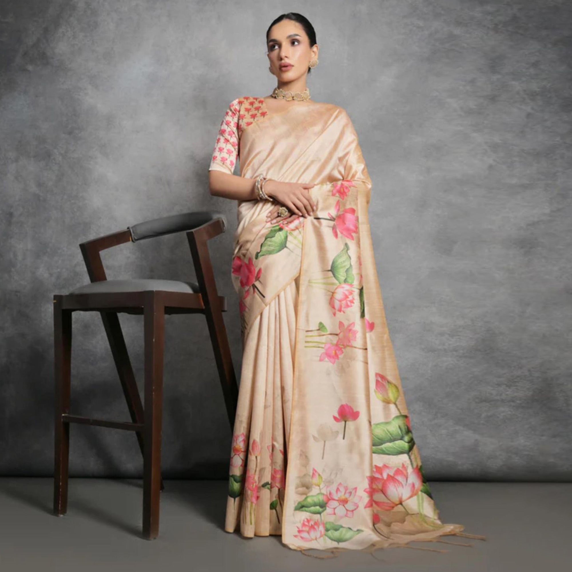 Beige Digital Printed Tussar Silk Saree