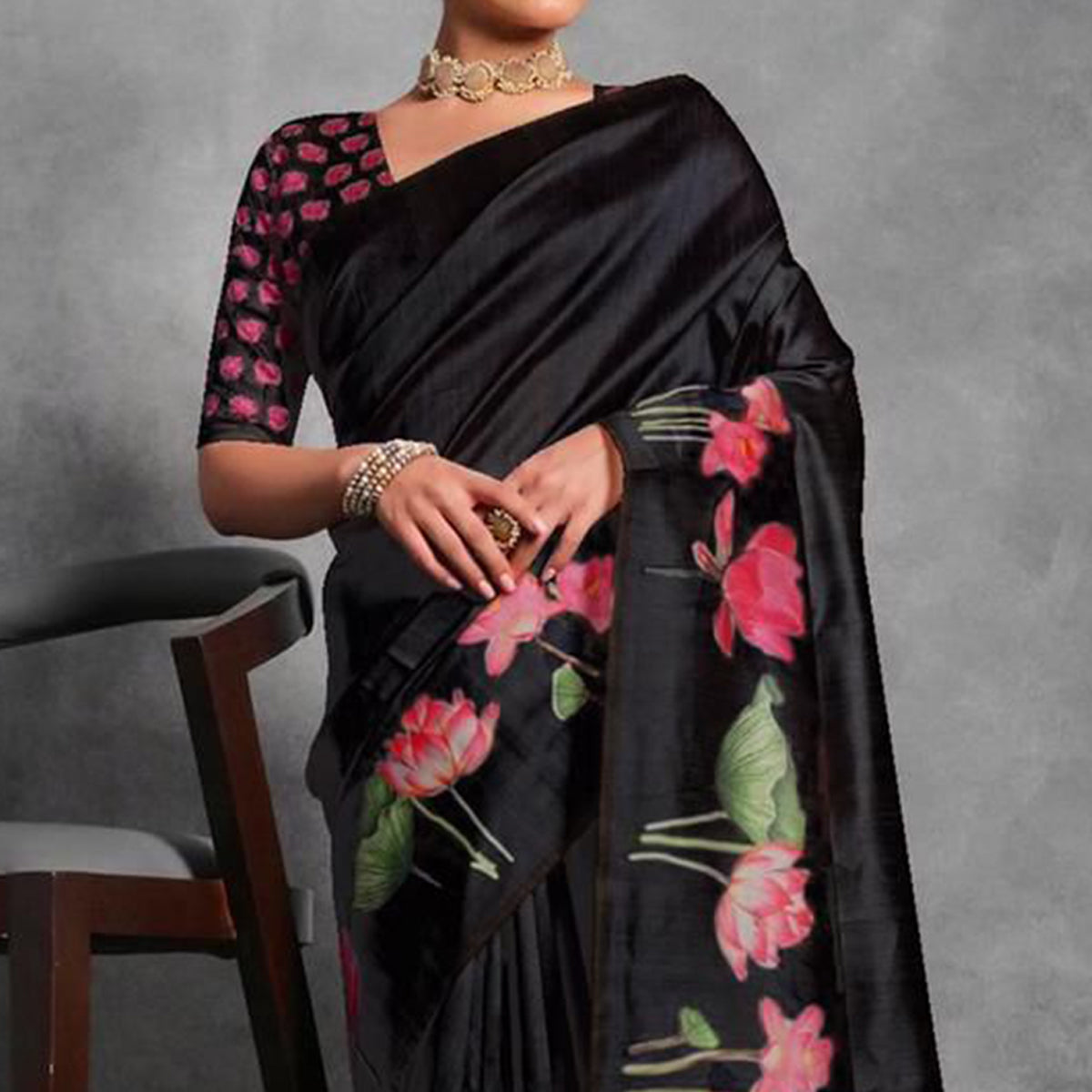 Black Digital Printed Tussar Silk Saree