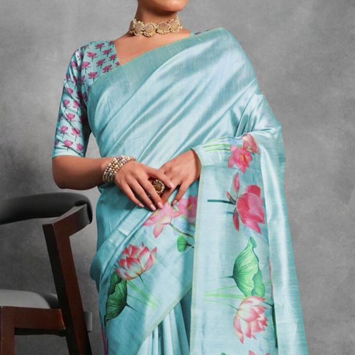 Blue Digital Printed Tussar Silk Saree