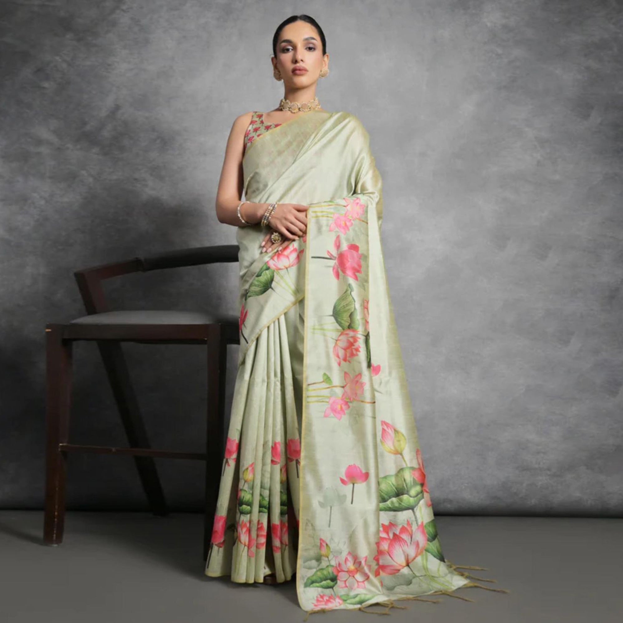 Green Digital Printed Tussar Silk Saree