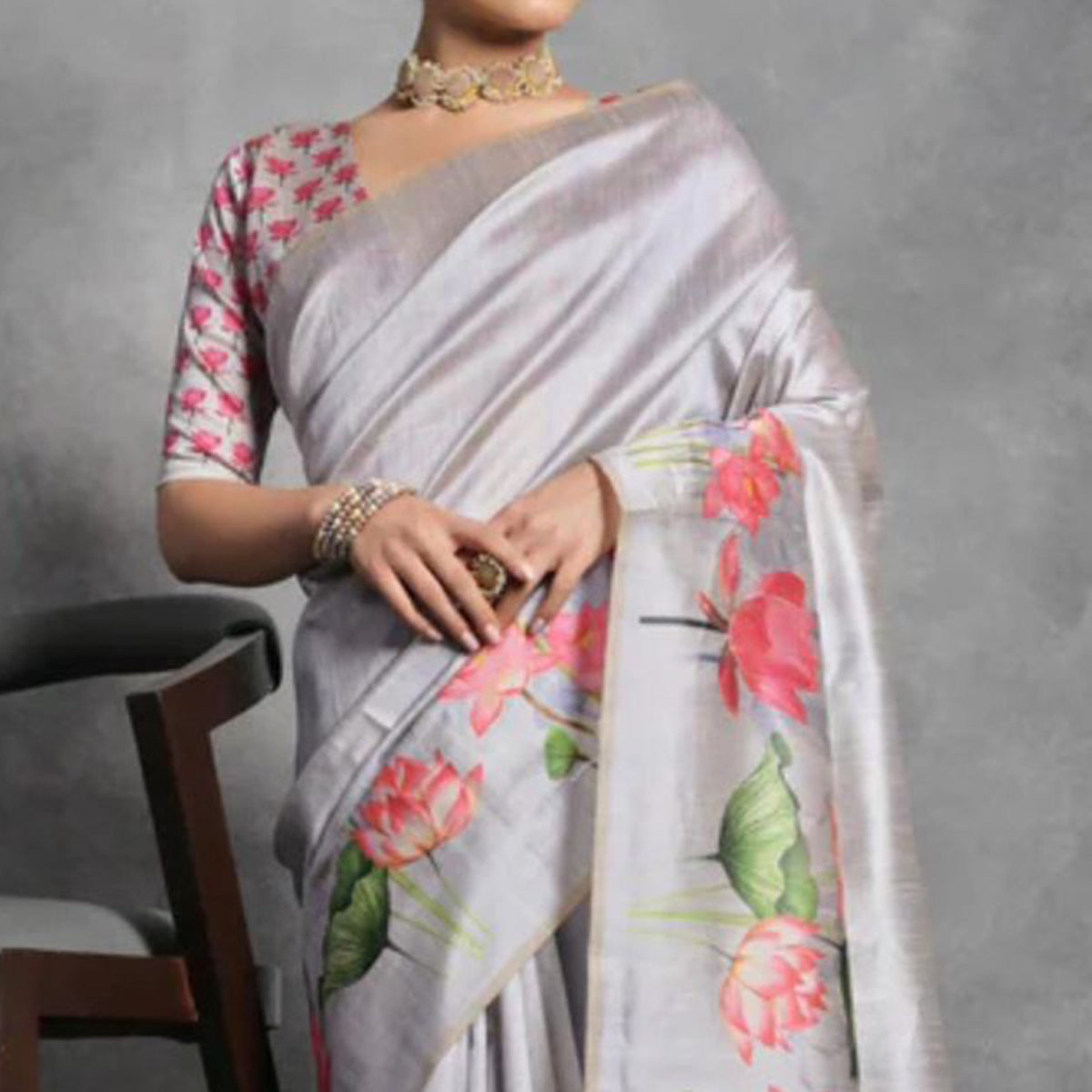 Grey Digital Printed Tussar Silk Saree