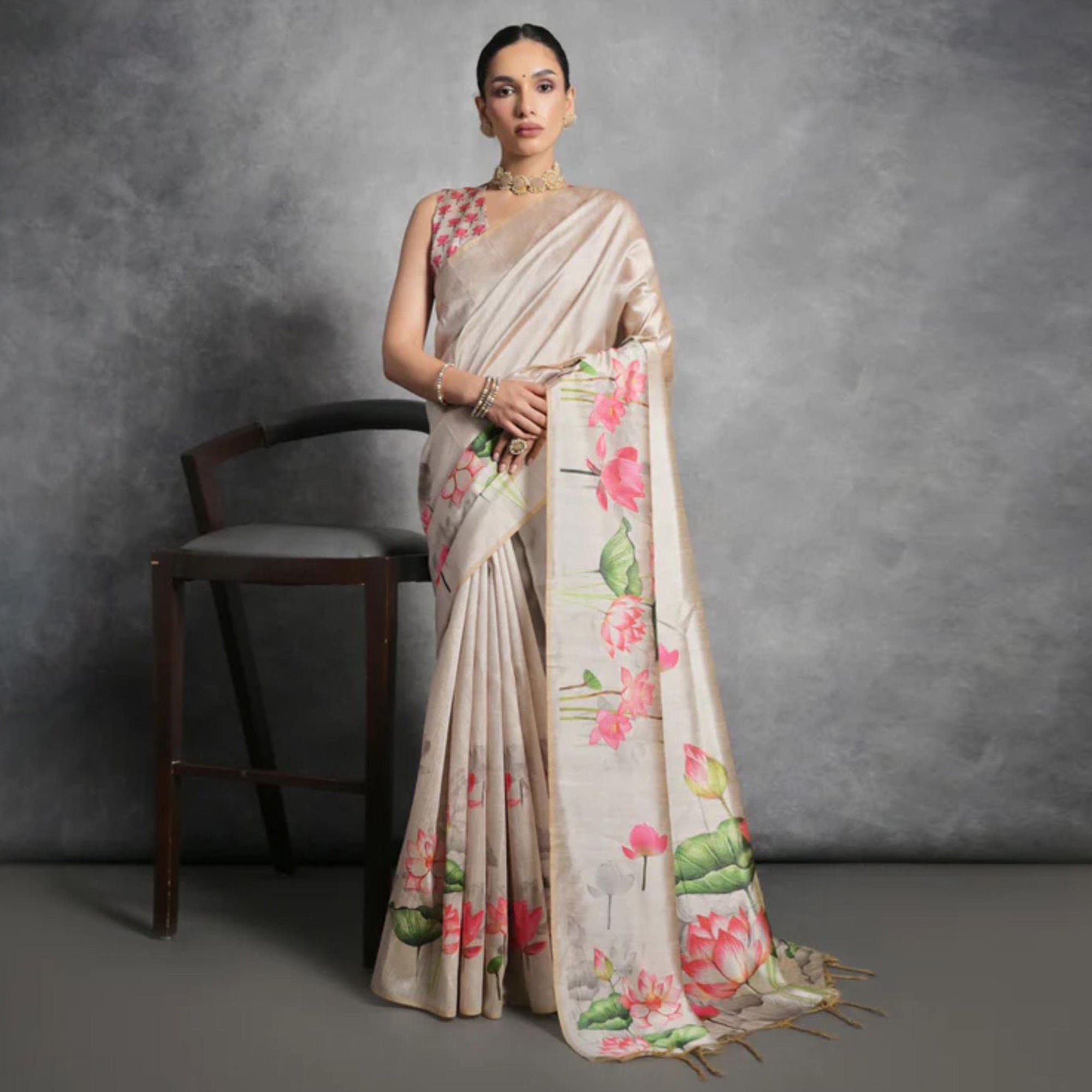 Light Brown Digital Printed Tussar Silk Saree