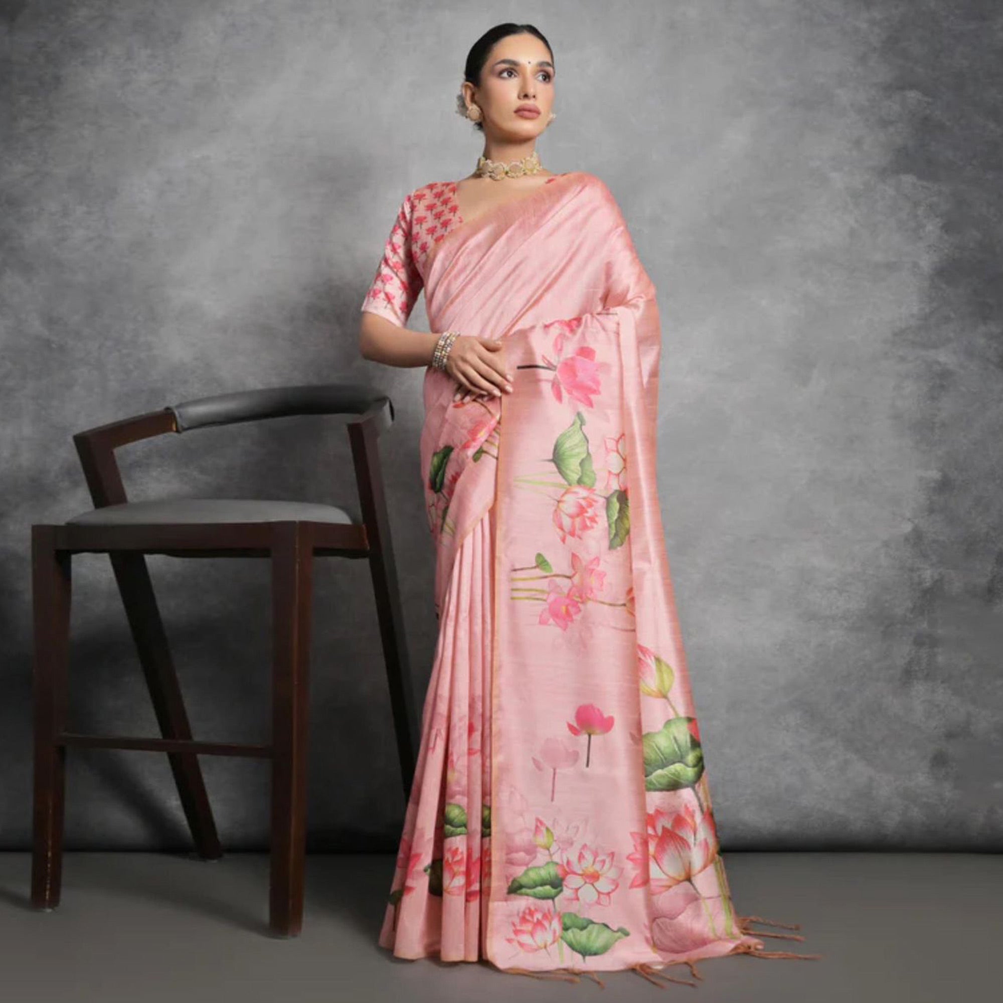 Peach Digital Printed Tussar Silk Saree