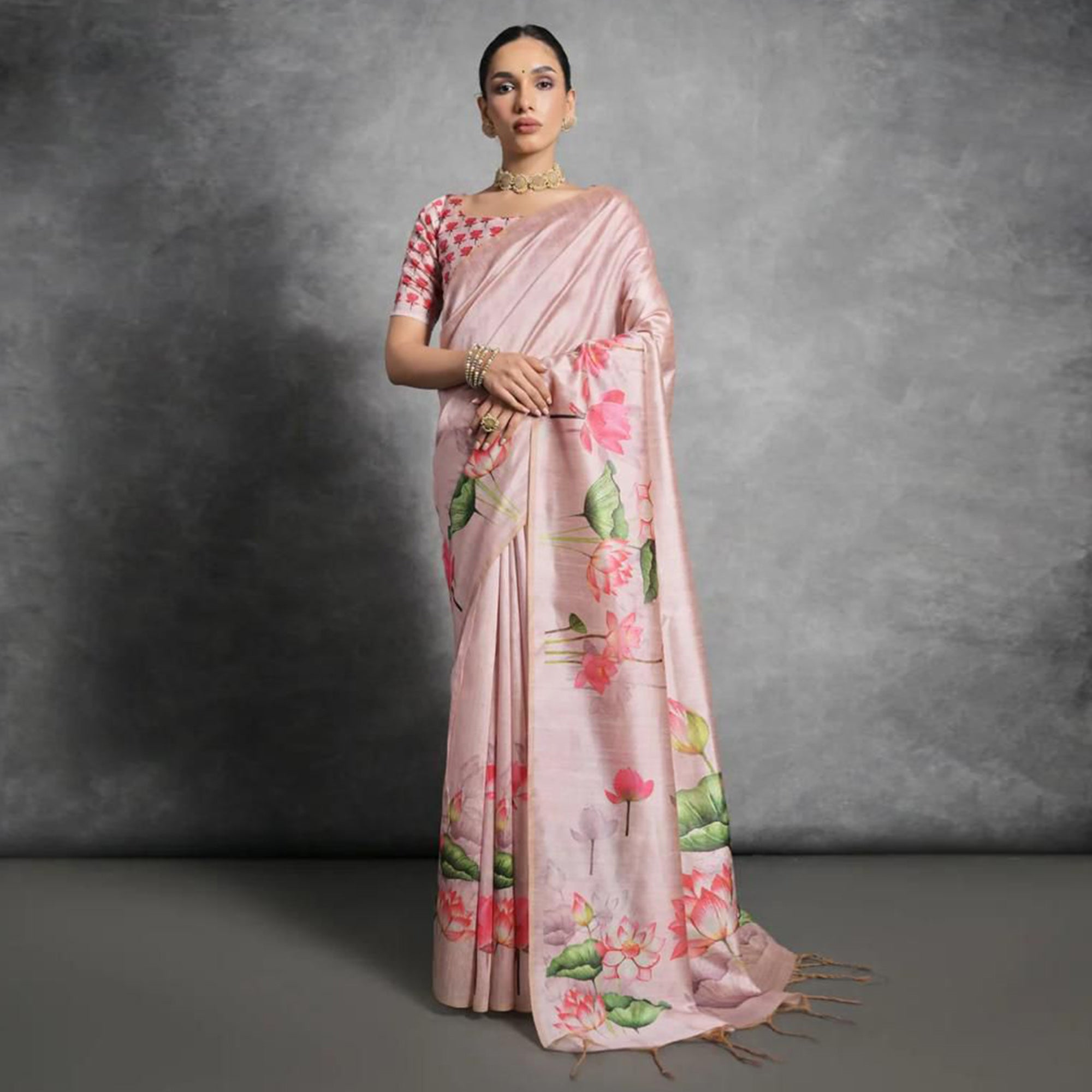 Pink Digital Printed Tussar Silk Saree