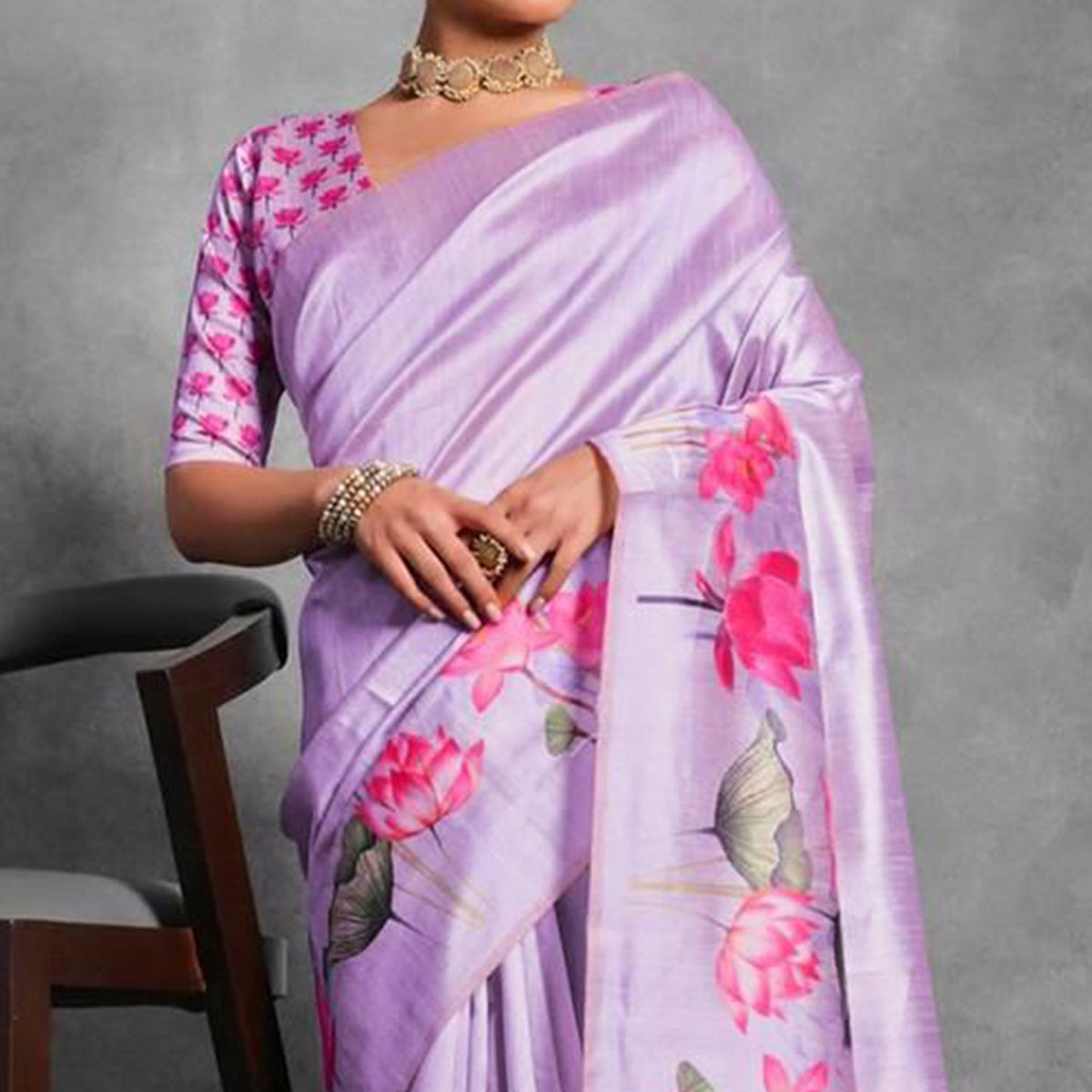 Purple Digital Printed Tussar Silk Saree