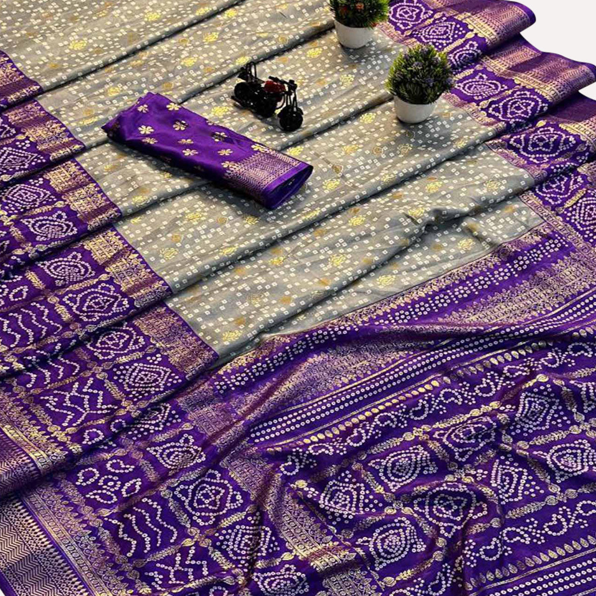 Grey & Purple Woven With Bandhani Printed Dola Silk Saree