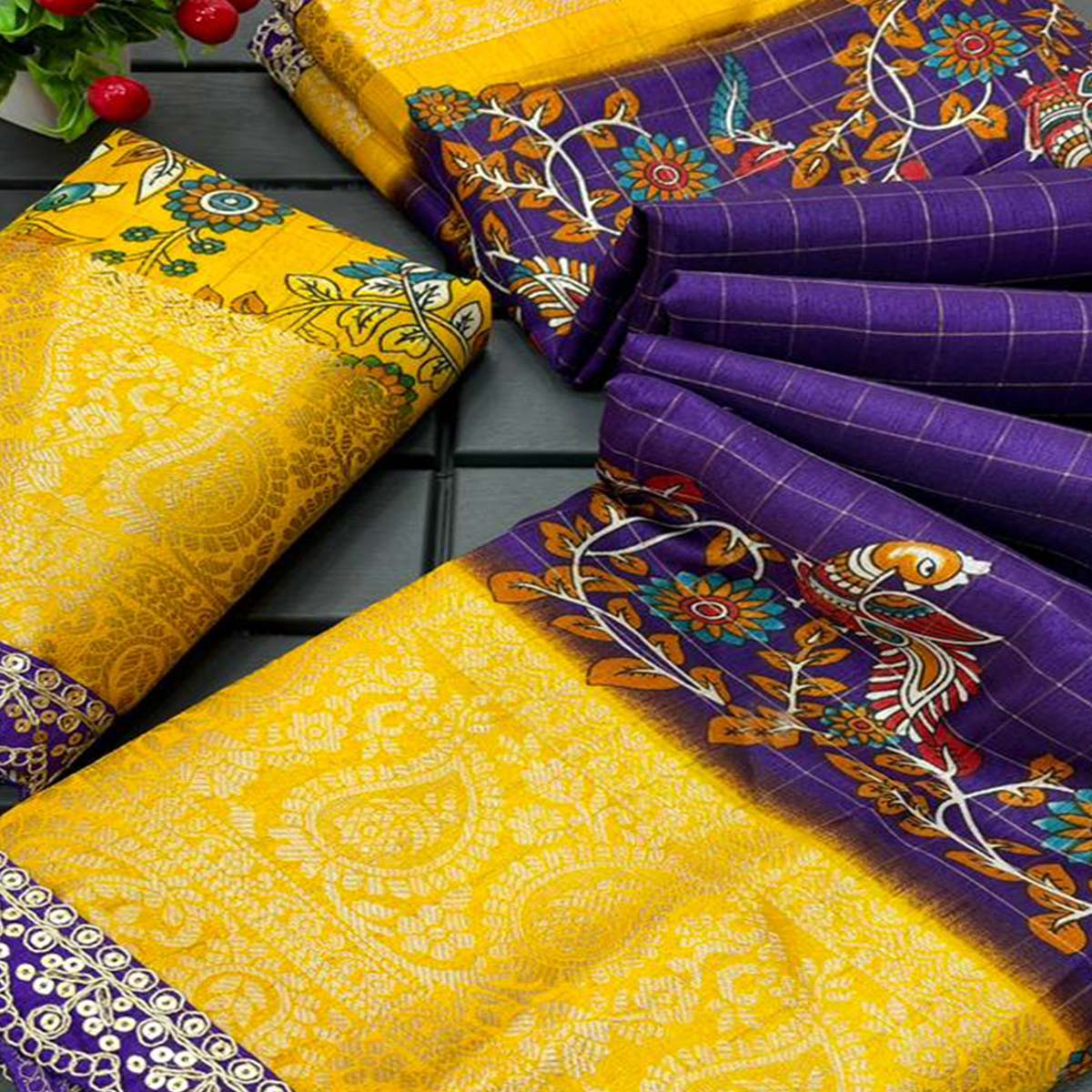 Purple Dola Silk Saree Featuring Soft Printed Detailing and a Rich Sequins Border Highlight