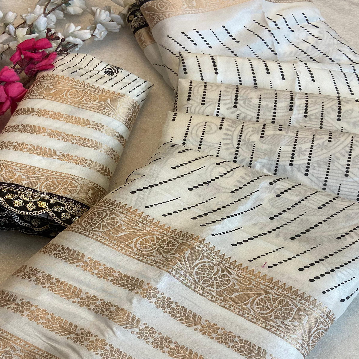 White Printed Dola Silk Saree With Sequins Border