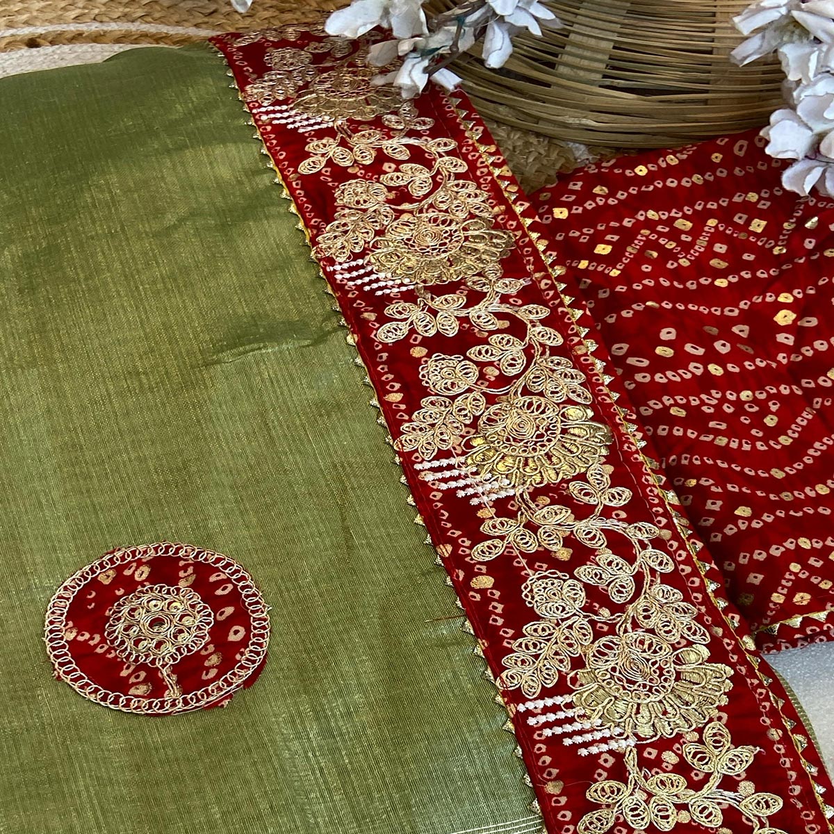 Green Cording Sequins Embroidery With Bandhani Print Art Silk Saree