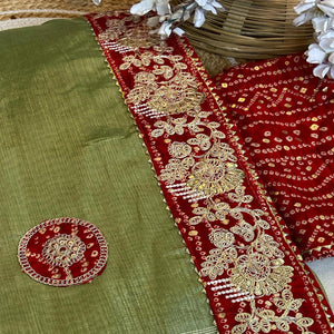 Green Cording Sequins Embroidery With Bandhani Print Art Silk Saree