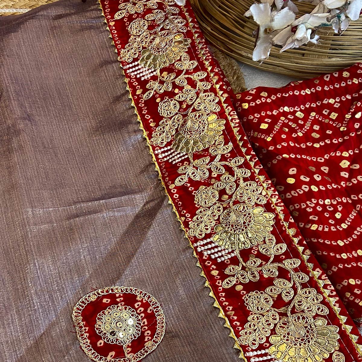 Lavender Cording Sequins Embroidery With Bandhani Print Art Silk Saree