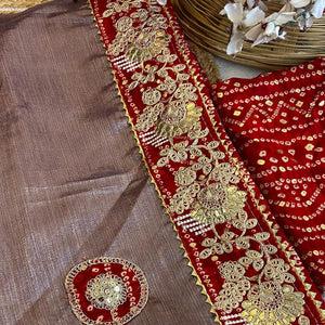 Lavender Cording Sequins Embroidery With Bandhani Print Art Silk Saree