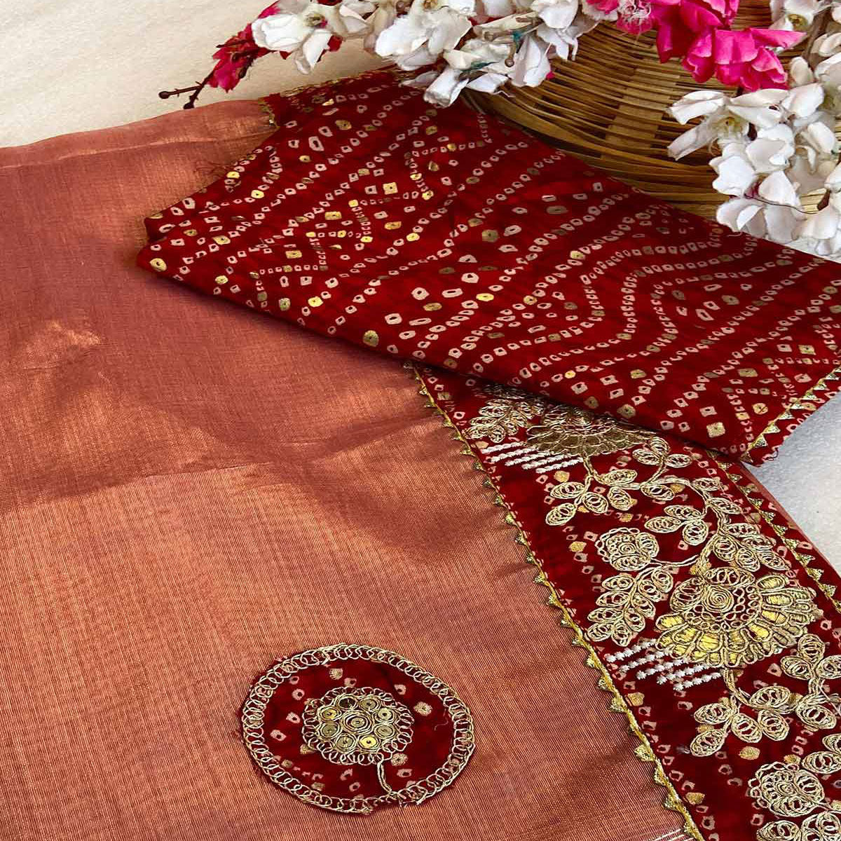 Peach Cording Sequins Embroidery With Bandhani Print Art Silk Saree