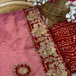 Pink Cording Sequins Embroidery With Bandhani Print Art Silk Saree