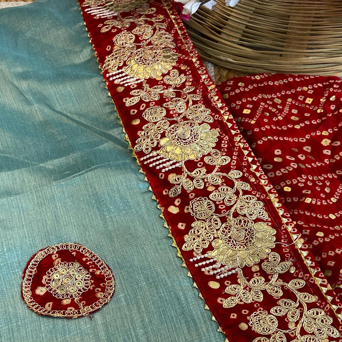 Turquoise Blue Cording Sequins Embroidery With Bandhani Print Art Silk Saree