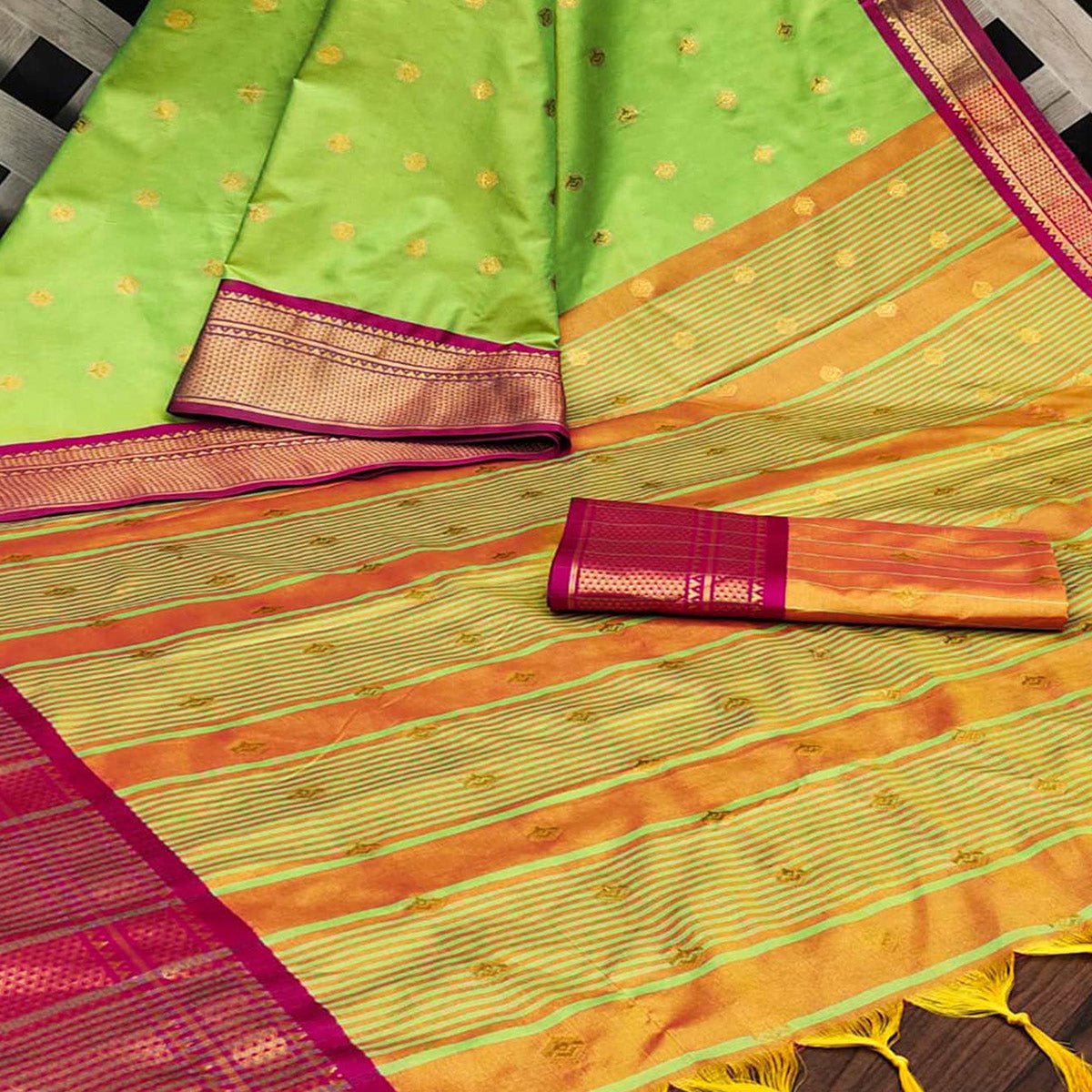 Green Zari Woven Lichi Art Silk Saree With Tassels