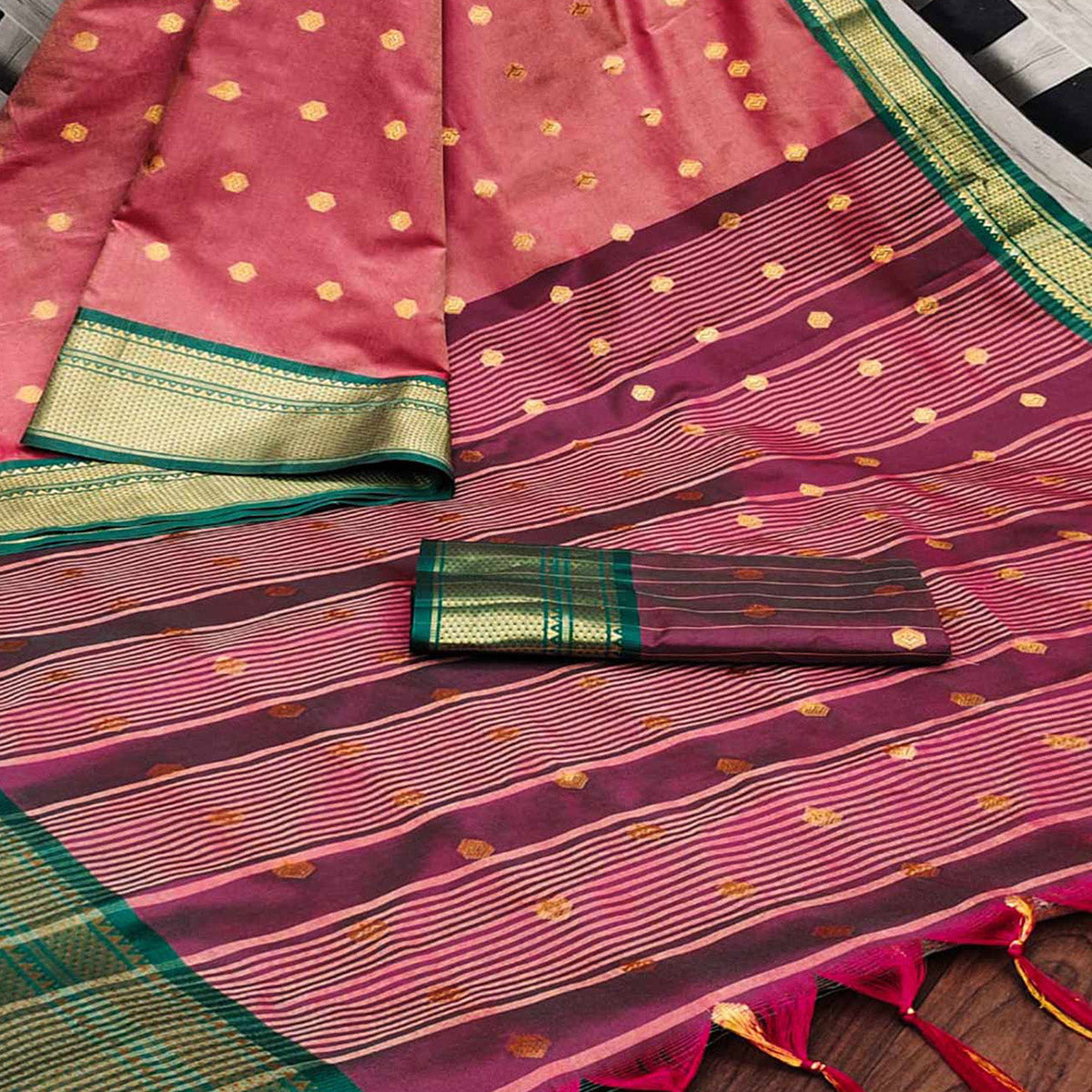 Peach Zari Woven Lichi Art Silk Saree With Tassels