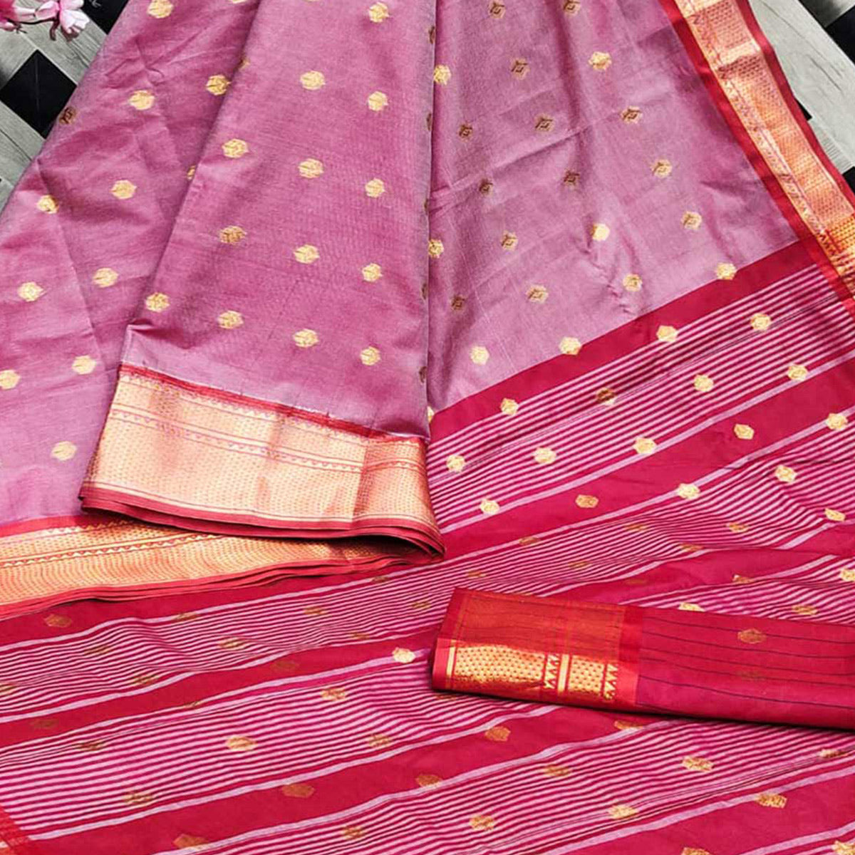 Pink Zari Woven Lichi Art Silk Saree With Tassels