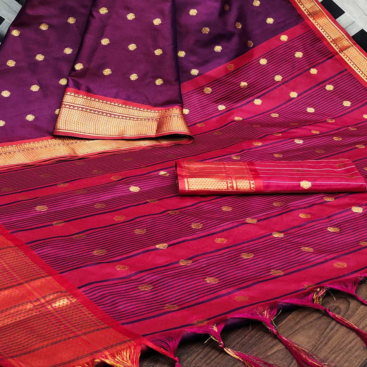 Purple Zari Woven Lichi Art Silk Saree With Tassels