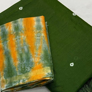 Green Linen Cotton Saree Adorned with Vibrant Bandhani Prints and Breezy Texture