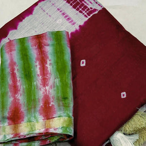 Maroon Linen Cotton Saree Adorned with Vibrant Bandhani Prints and Breezy Texture