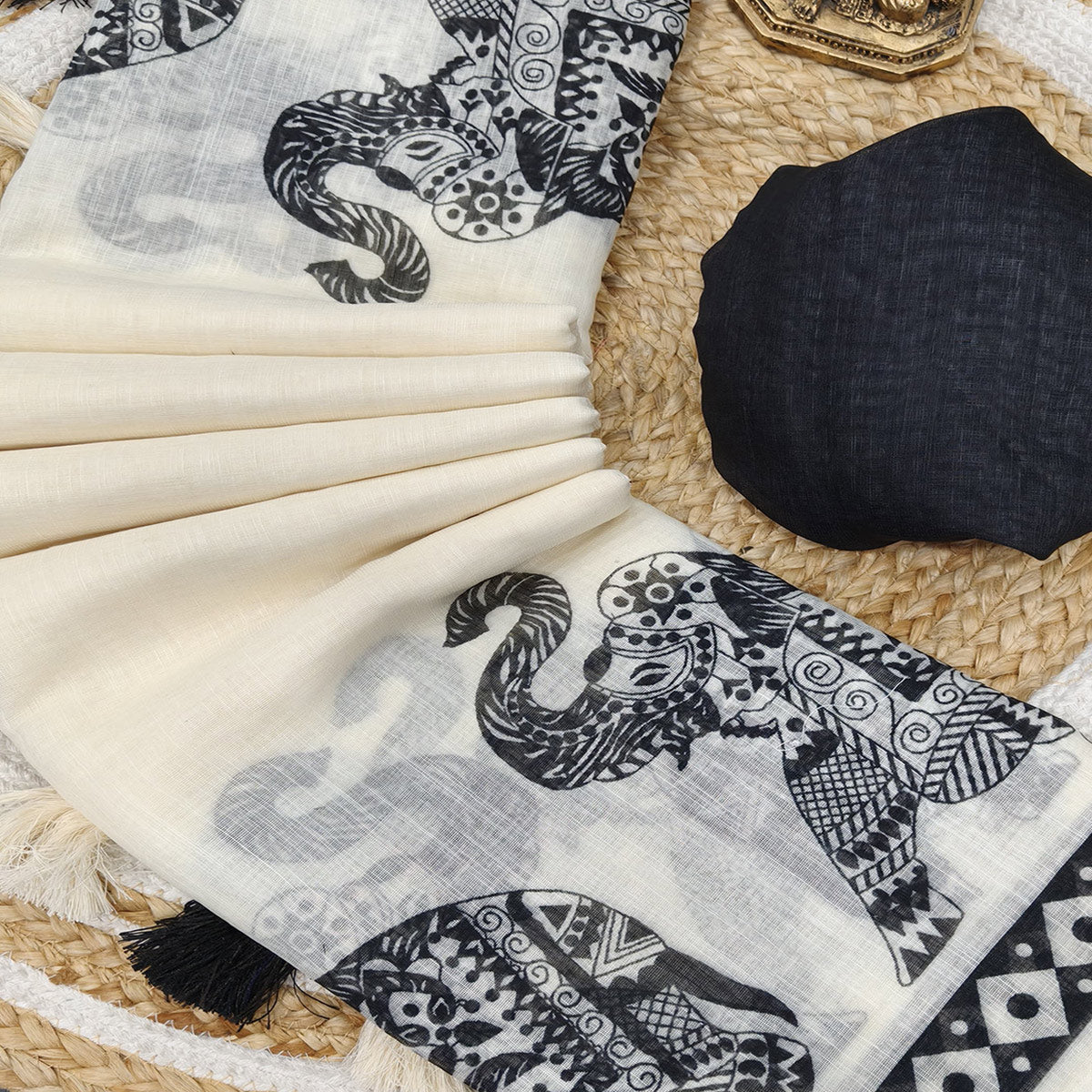 Cream Colored Floral Printed Saree in Comfortable Linen Cotton Fabric