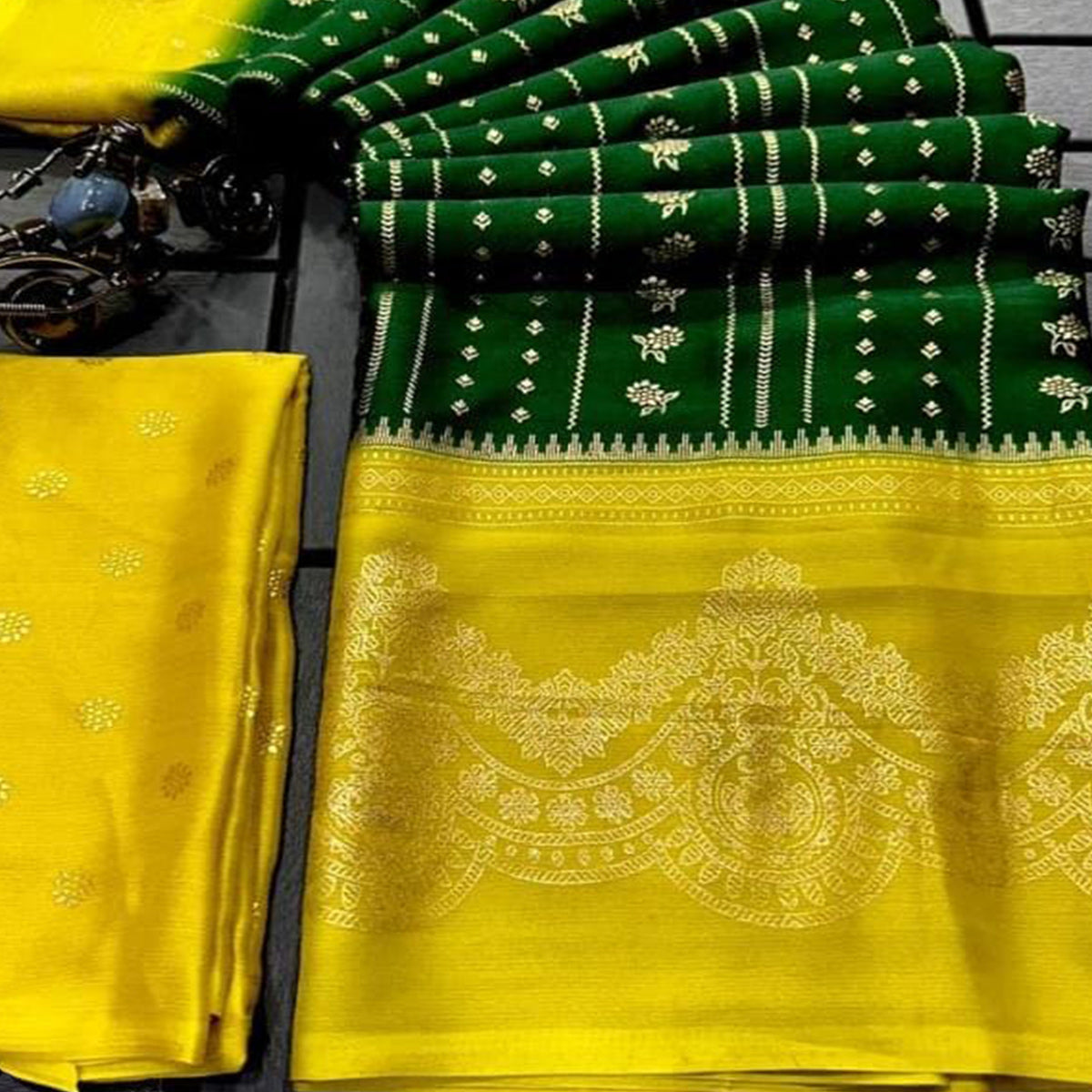 Green & Yellow Foil Printed Chiffon Saree