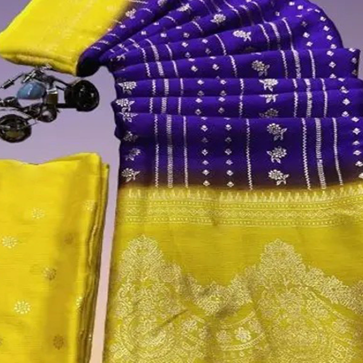 Purple & Yellow Foil Printed Chiffon Saree