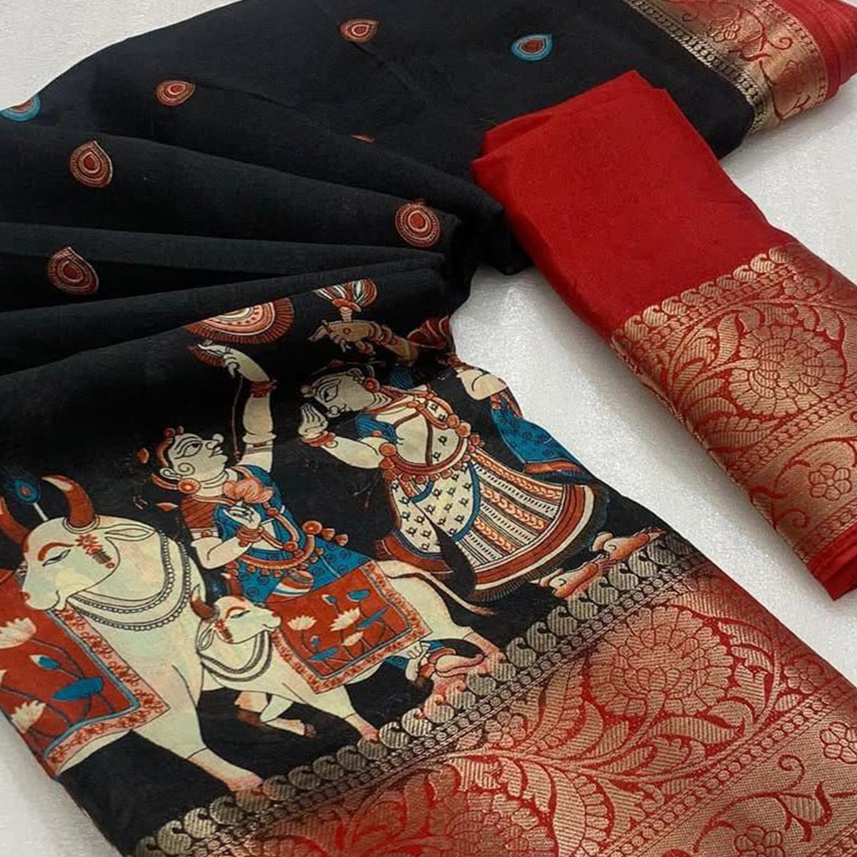 Elegant Black Printed Dola Silk Saree Accented With A Floral Woven Border