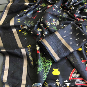 Black Warli Printed Dola Silk Saree