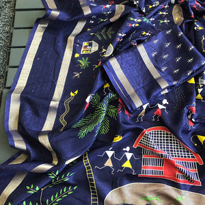 Navy Blue Warli Printed Dola Silk Saree