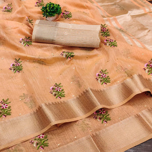 Light Orange Floral Embroidered Cotton Silk Saree With Zari Border