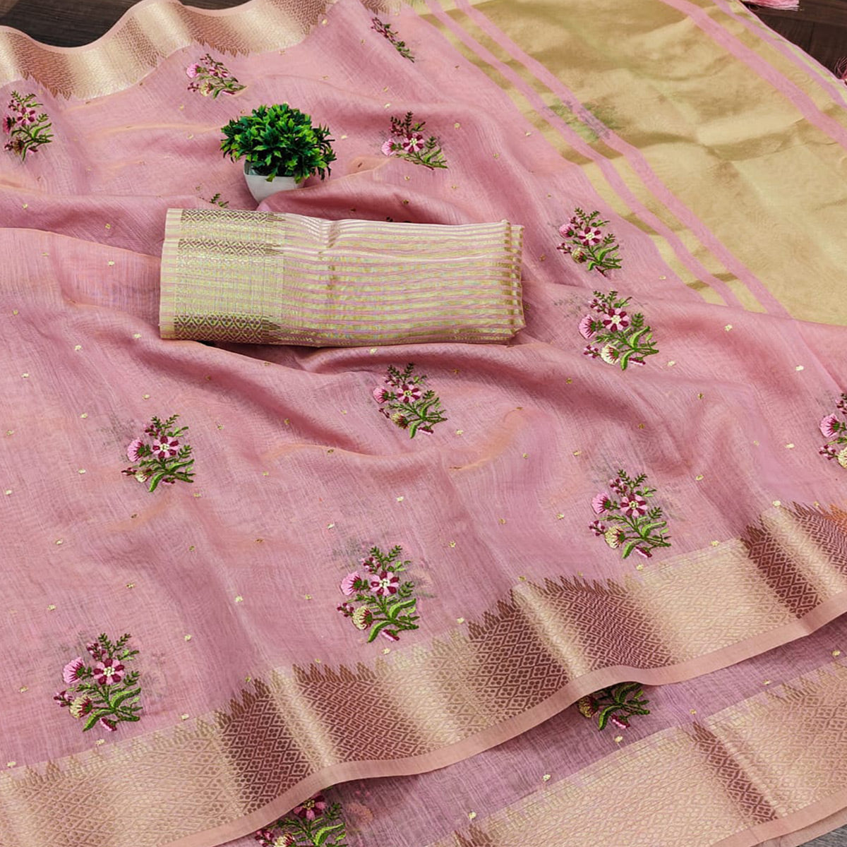 Pink Floral Embroidered Cotton Silk Saree With Zari Border