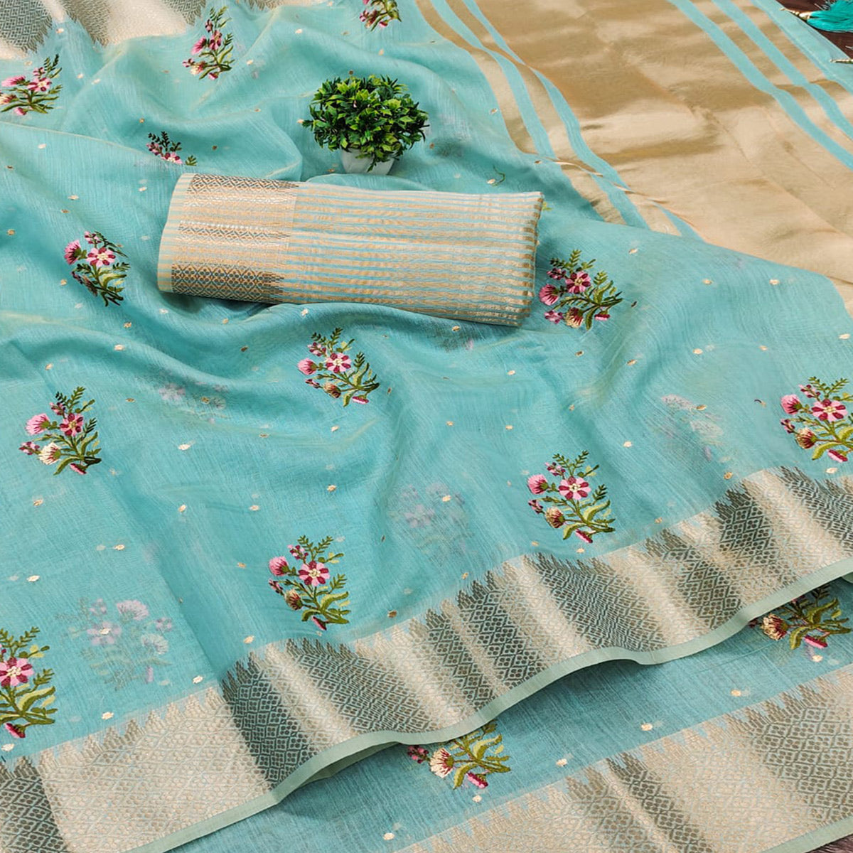 Sky Blue Floral Embroidered Cotton Silk Saree With Zari Border