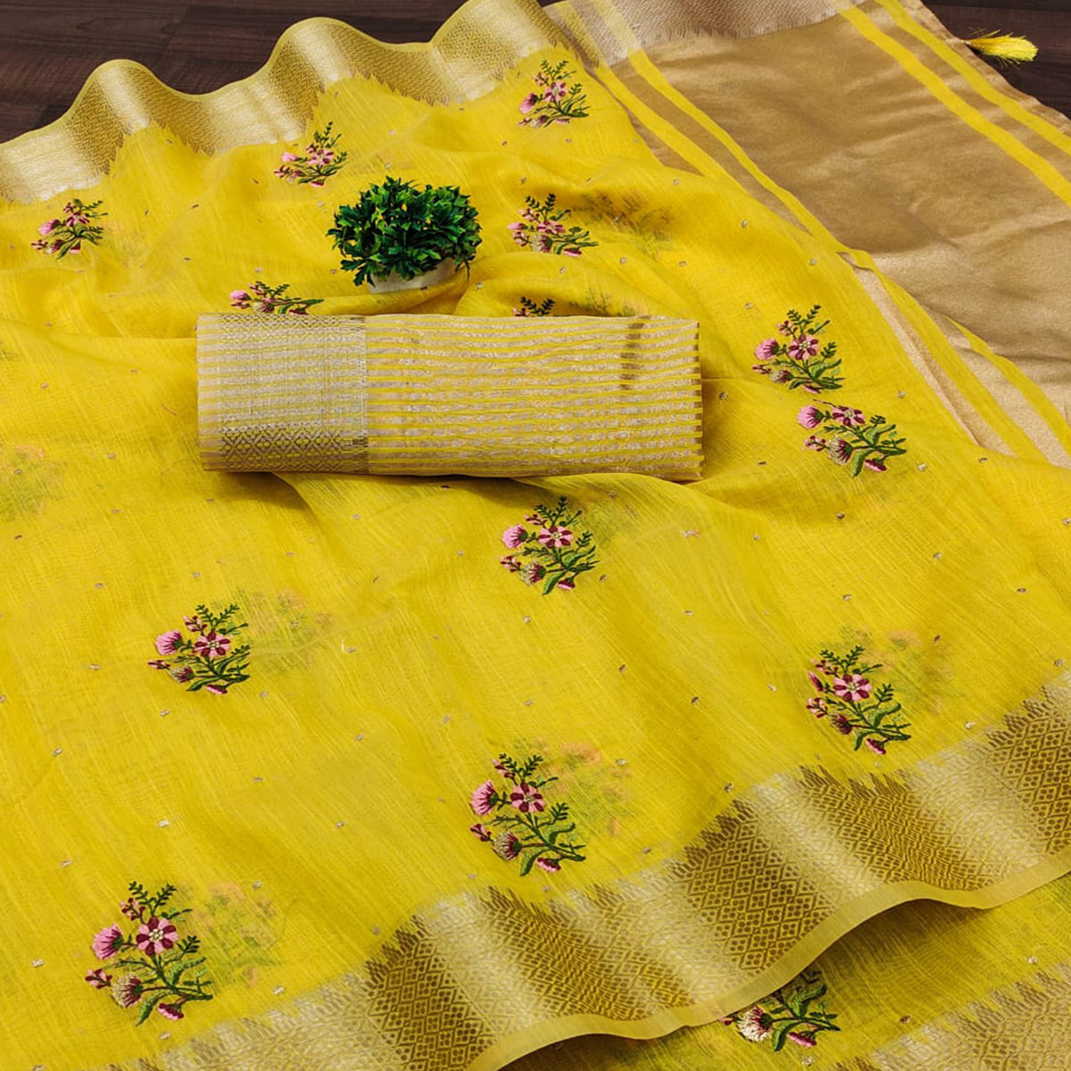 Yellow Floral Embroidered Cotton Silk Saree With Zari Border