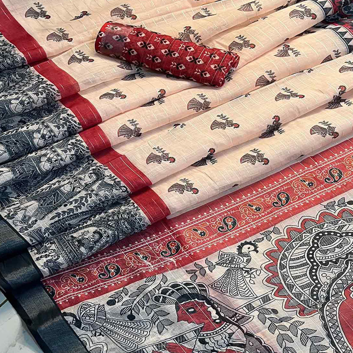 Cream Digital Printed Linen Saree