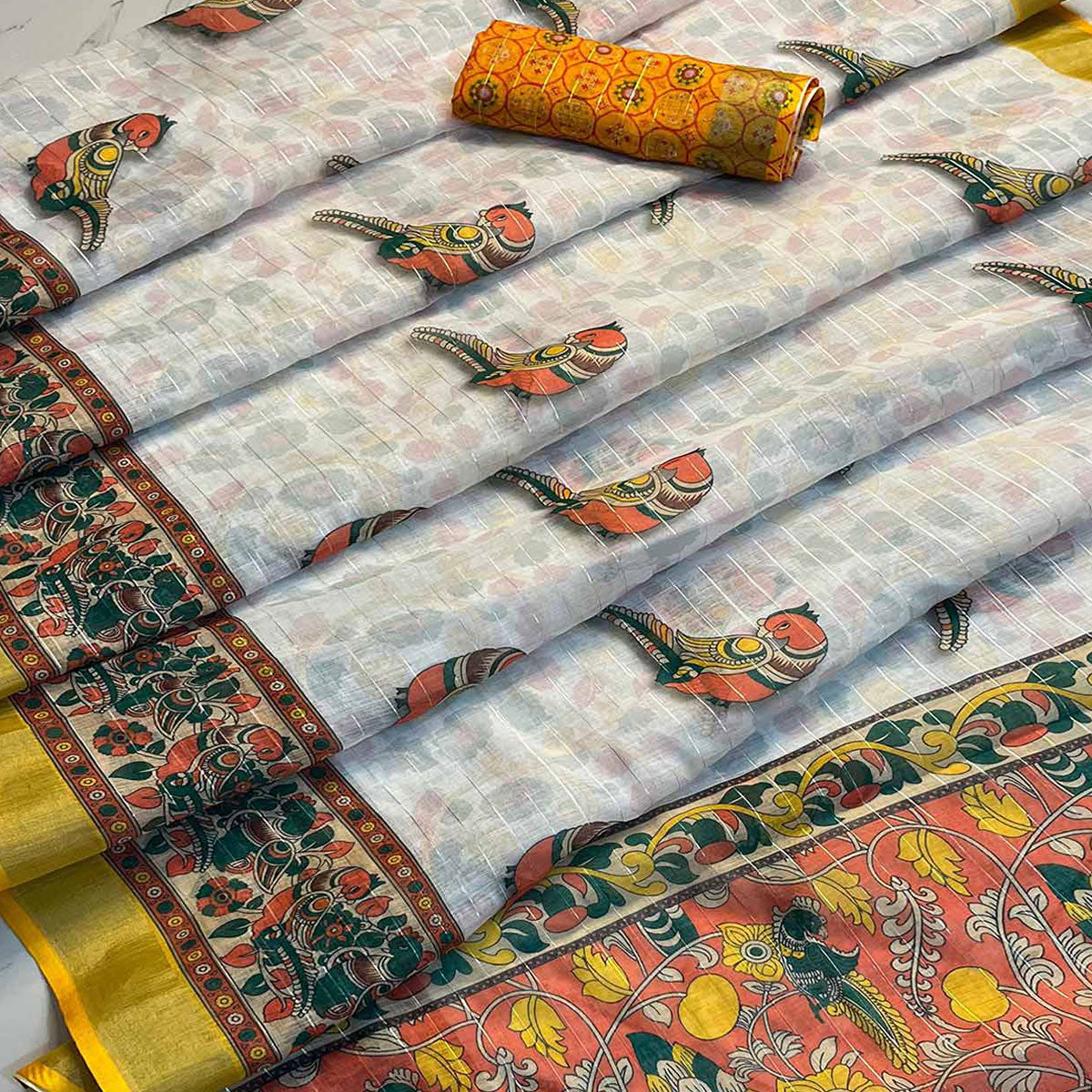 White & Yellow Digital Printed Linen Saree