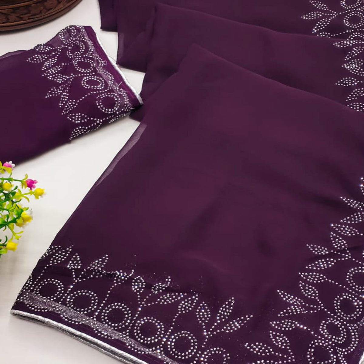 Purple Swarovski Work Embroidered Georgette Saree