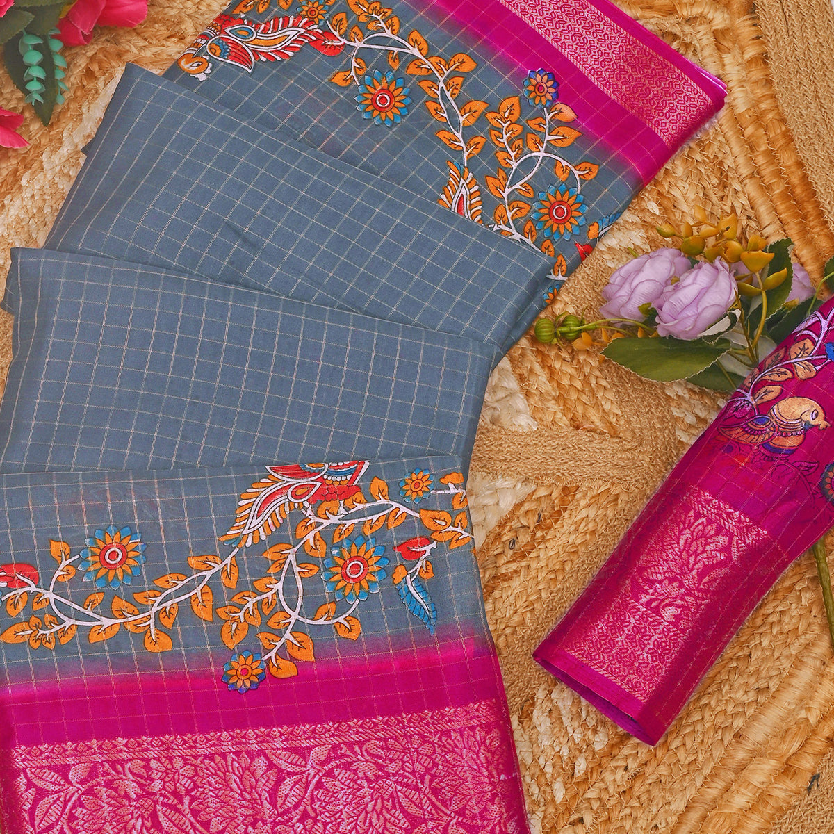 Sophisticated Grey Checks & Peacock Design Saree Crafted In Dola Silk With Weaving Jacquard Border