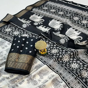 White Warli Printed Dola Silk Saree With Zari Border