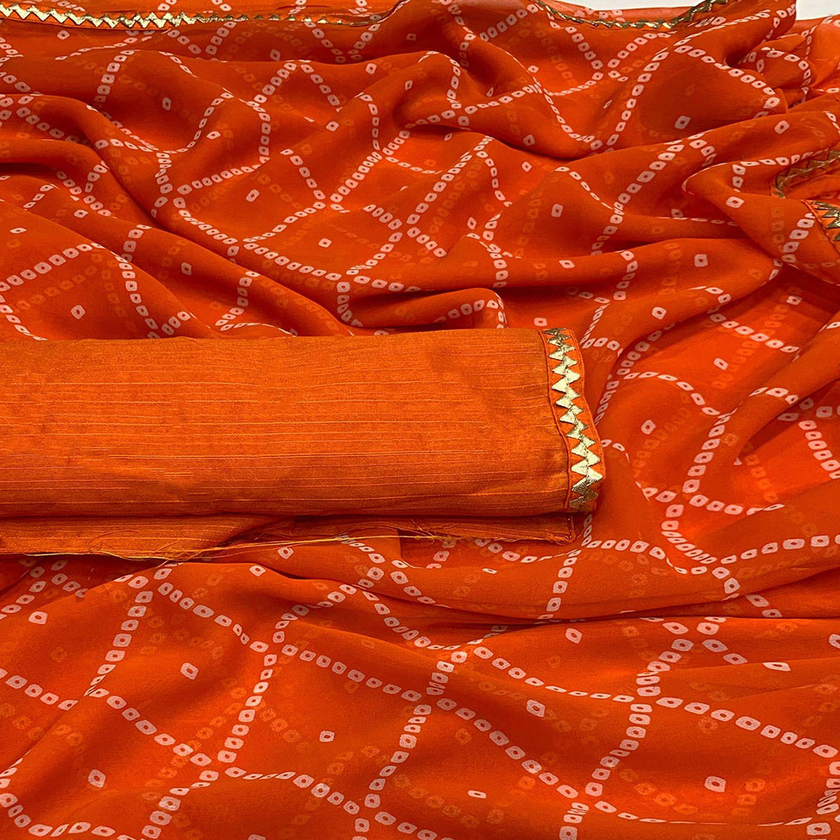 Saree Georgette Stampato Bandhani Rosa Per Donna, Con Camicetta Non Cucita (0.8 Mt), Lunghezza Sari 5.5 Mt - Abito Tradizionale Indiano