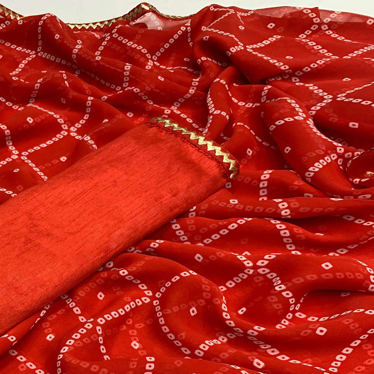 Red Bandhani Printed Georgette Saree