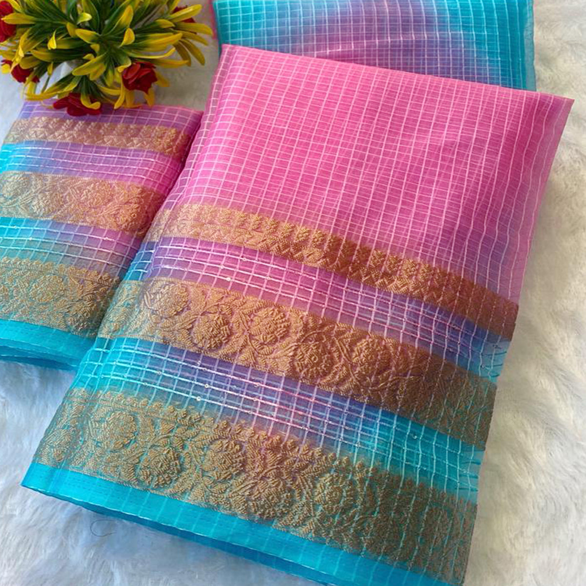Classic Blue & Pink Kerala Inspired Checked Weaving Organza Saree