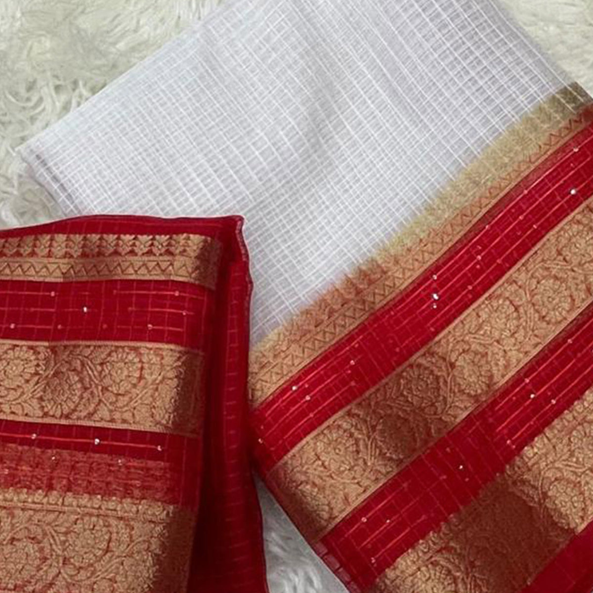 White & Red Kerala Checked Style Organza Saree