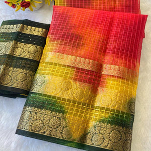 Classic Yellow & Red Kerala Inspired Checked Weaving Organza Saree