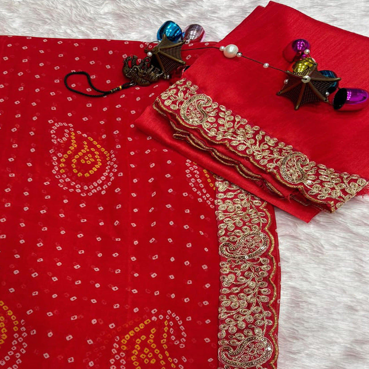 Red Bandhani Printed Georgette Saree With Embroidered Border